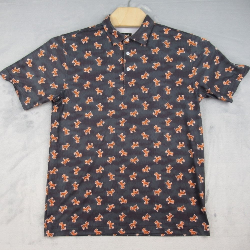Waggle Golf Polo Men Large Black Tiger Goat Print Short Sleeve Performance Shirt